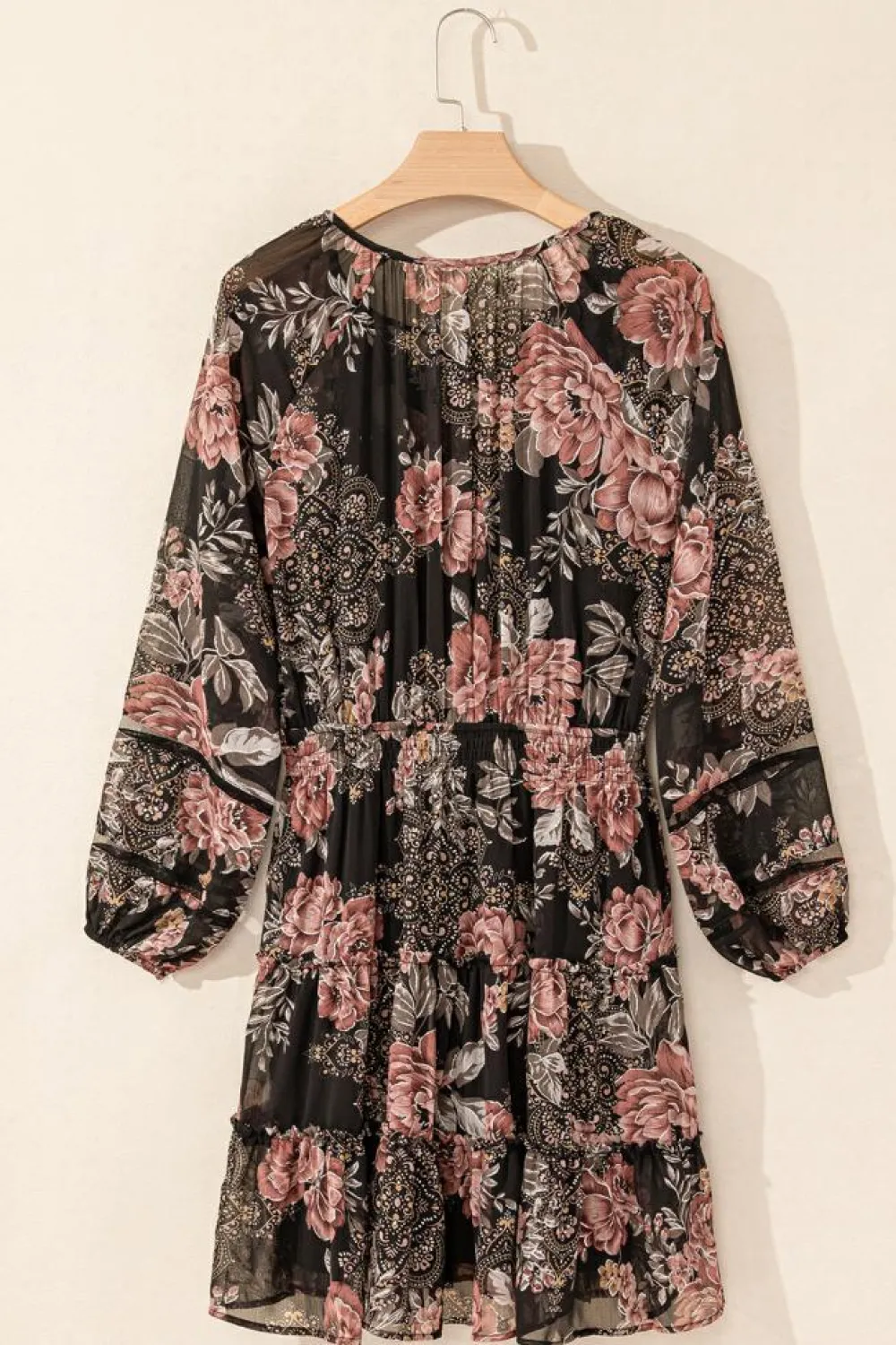 Online Dear-Lover Vintage Floral Puff Sleeve V Neck Smock Waist Dress Black