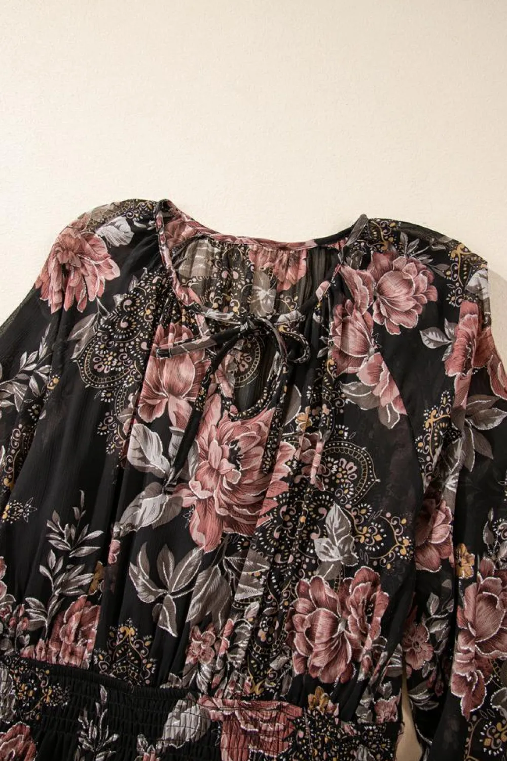 Online Dear-Lover Vintage Floral Puff Sleeve V Neck Smock Waist Dress Black
