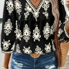 Online Dear-Lover Vintage Geometric Printed 3/4 Sleeve V Neck Blouse Black