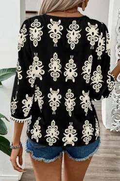 Online Dear-Lover Vintage Geometric Printed 3/4 Sleeve V Neck Blouse Black