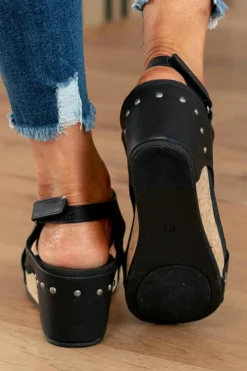Sale Dear-Lover Vintage Leather Stitching Studded Wedge Sandals Black
