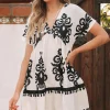 Online Dear-Lover Vintage Print V Neck High Waist Short Sleeve Dress Black