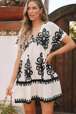 Online Dear-Lover Vintage Print V Neck High Waist Short Sleeve Dress Black