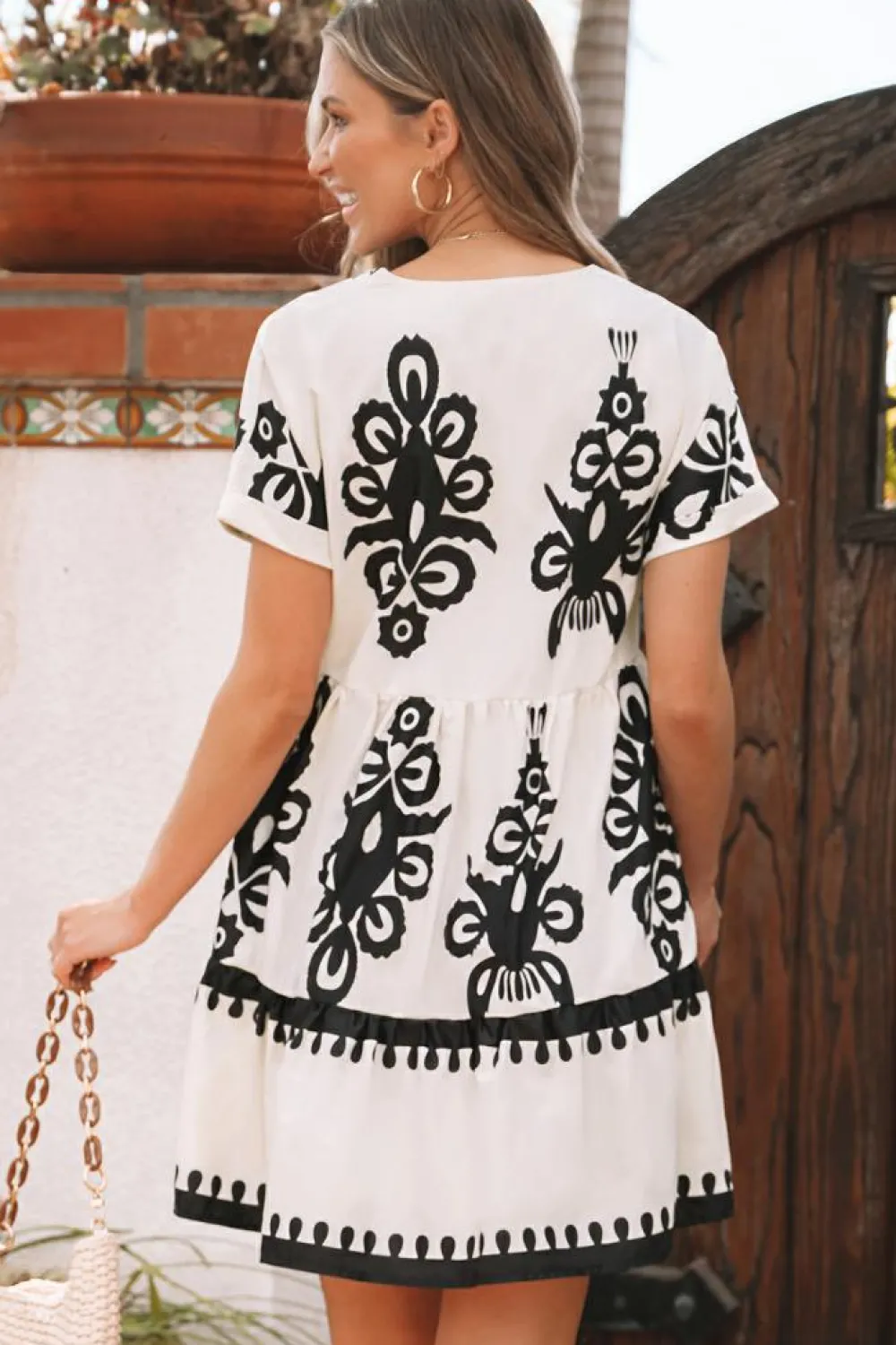 Online Dear-Lover Vintage Print V Neck High Waist Short Sleeve Dress Black