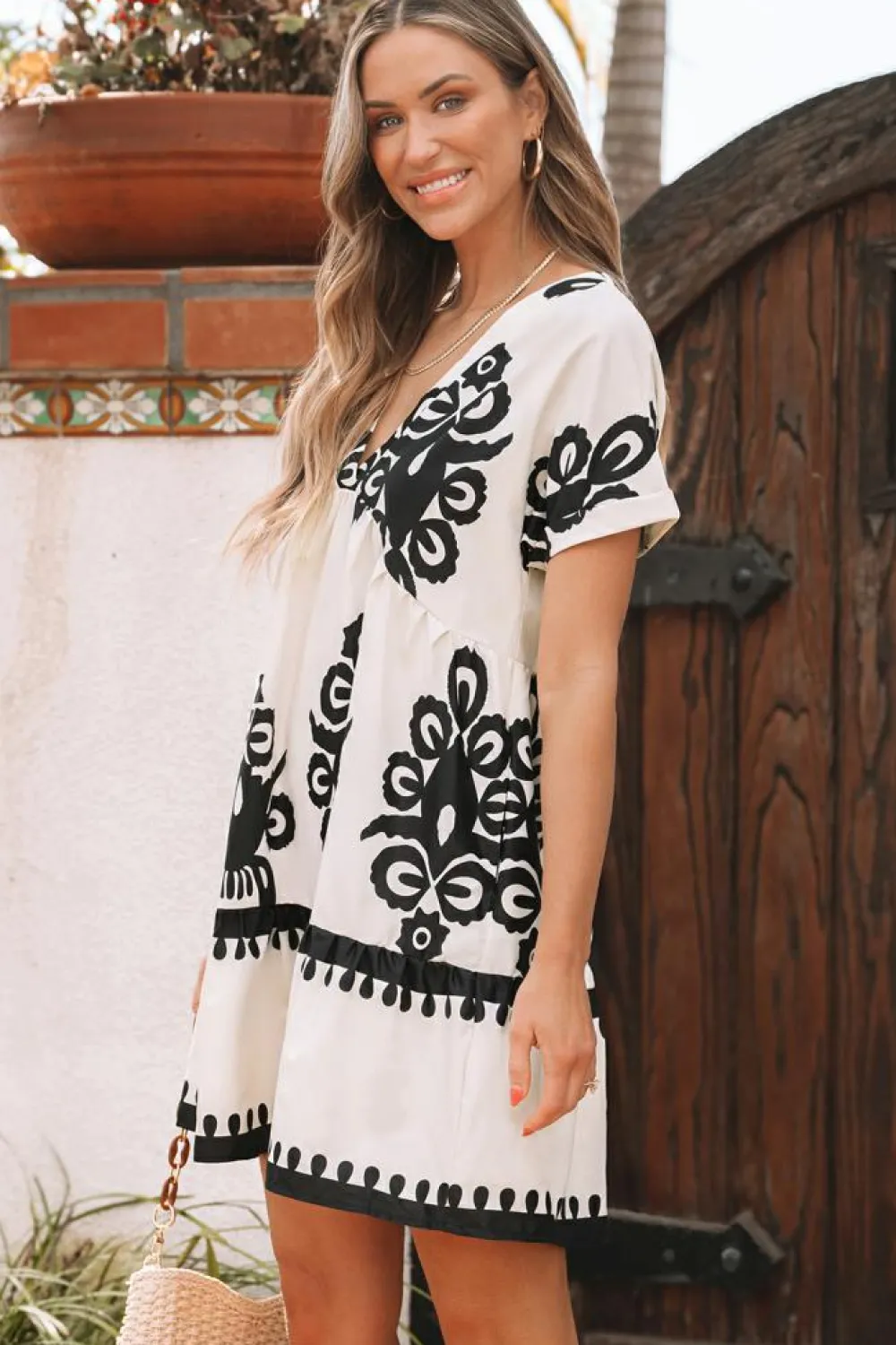 Online Dear-Lover Vintage Print V Neck High Waist Short Sleeve Dress Black