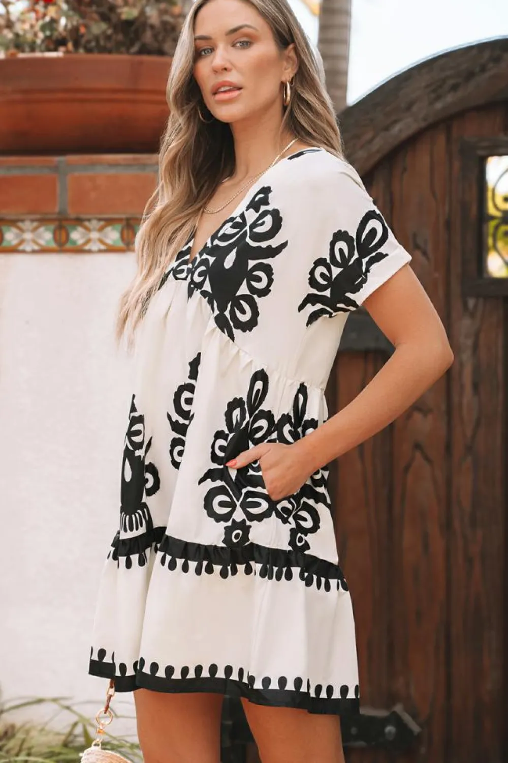 Online Dear-Lover Vintage Print V Neck High Waist Short Sleeve Dress Black