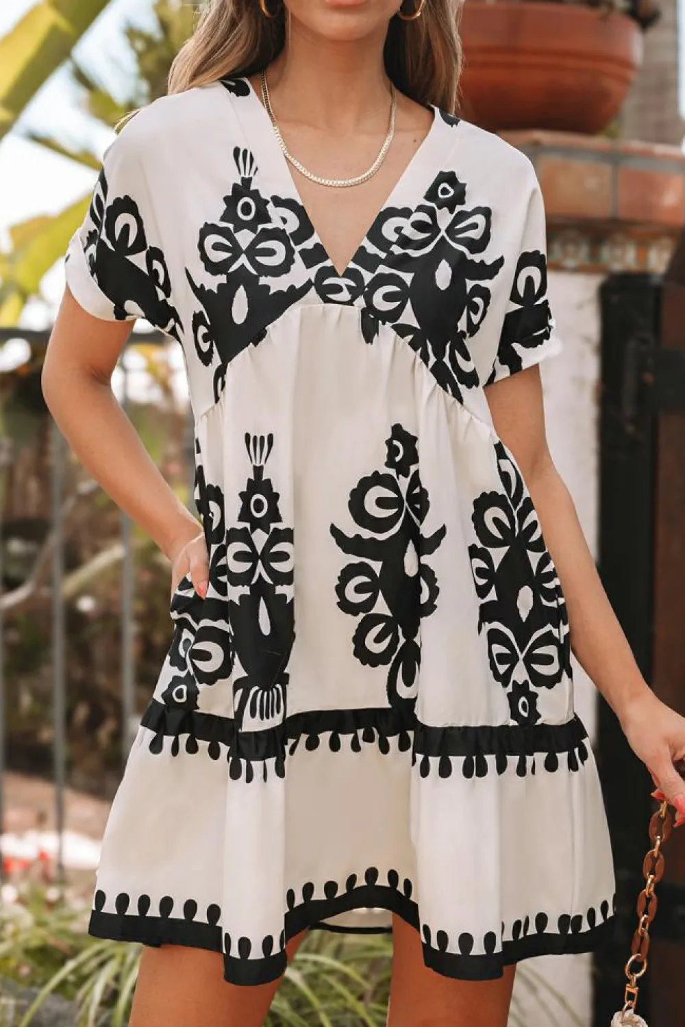 Online Dear-Lover Vintage Print V Neck High Waist Short Sleeve Dress Black