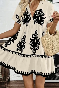 Online Dear-Lover Vintage Print V Neck High Waist Short Sleeve Dress Black