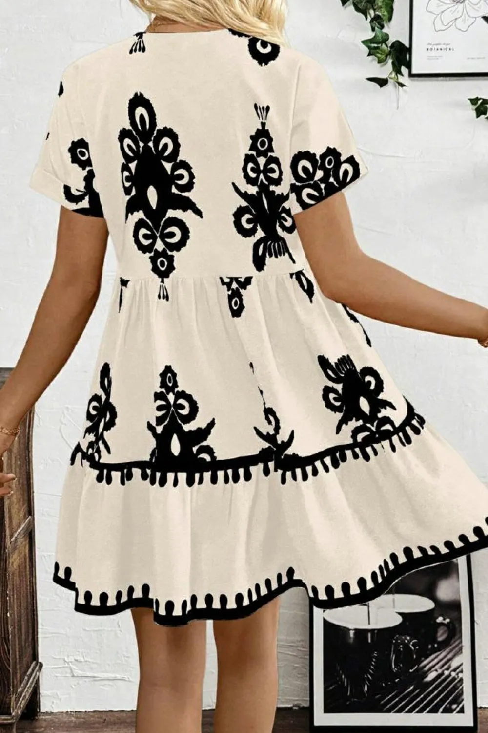 Online Dear-Lover Vintage Print V Neck High Waist Short Sleeve Dress Black