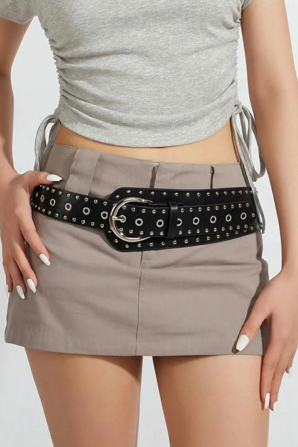 Fashion Dear-Lover Vintage Studded PU Leather Wide Waist Belt Black