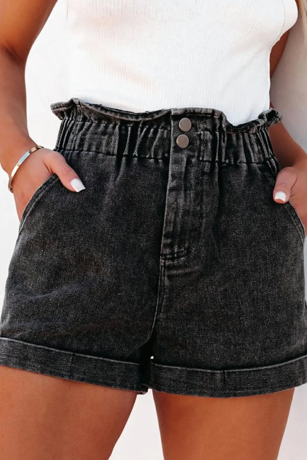 Online Dear-Lover Vintage Washed Frilled High Waist Denim Shorts Black