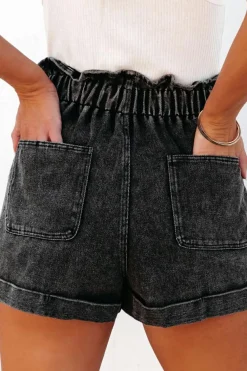 Online Dear-Lover Vintage Washed Frilled High Waist Denim Shorts Black