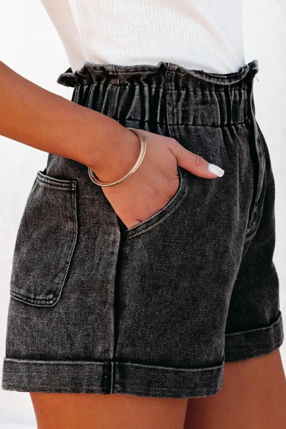 Online Dear-Lover Vintage Washed Frilled High Waist Denim Shorts Black