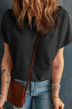 Outlet Dear-Lover Waffle Knit Boat Neck Short Sleeve Top Black