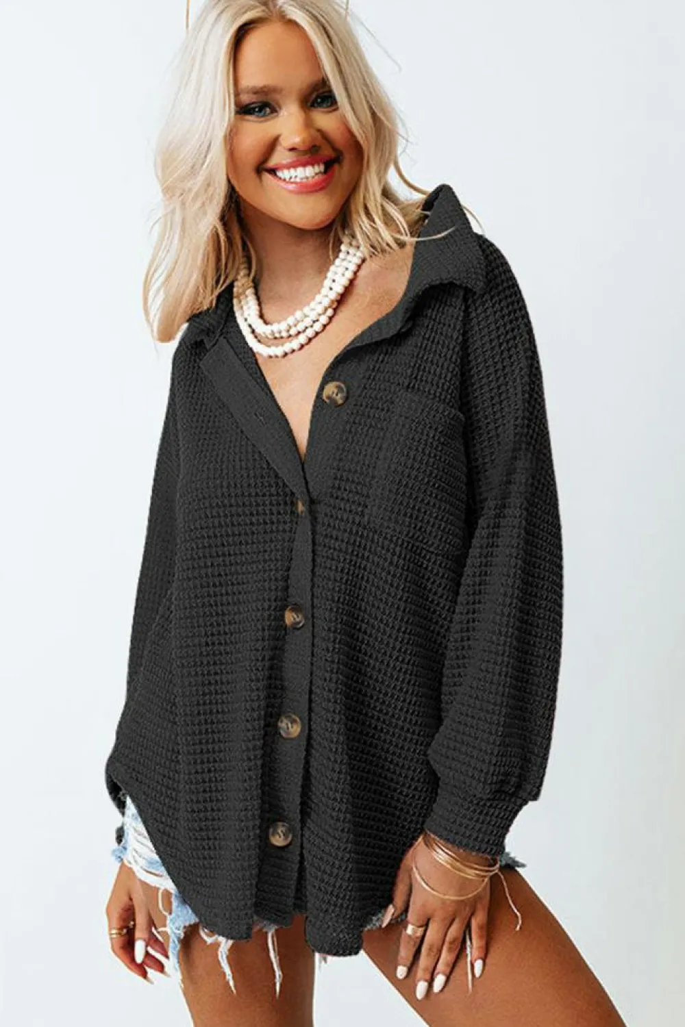 New Dear-Lover Waffle Knit Button Up Casual Shirt Black