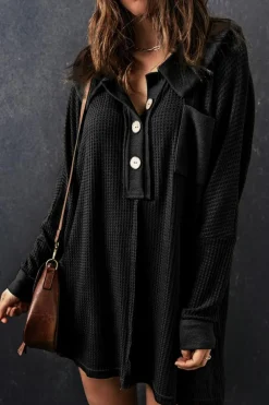 Online Dear-Lover Waffle Knit Buttoned Long Sleeve Top Black