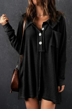 Online Dear-Lover Waffle Knit Buttoned Long Sleeve Top Black