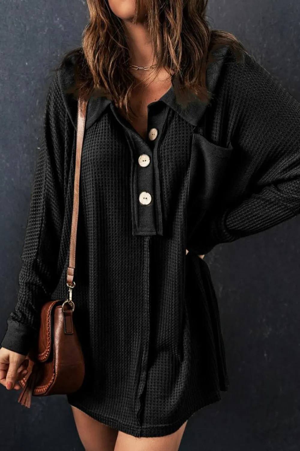 Online Dear-Lover Waffle Knit Buttoned Long Sleeve Top Black