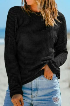 Best Dear-Lover Waffle Knit Drop Shoulder Long Sleeve Top Black
