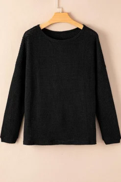 Best Dear-Lover Waffle Knit Drop Shoulder Long Sleeve Top Black