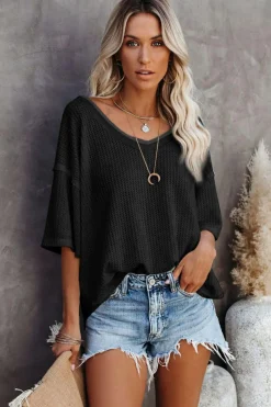 Clearance Dear-Lover Waffle Knit Drop Shoulder Loose Top Black