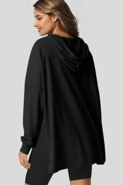 Hot Dear-Lover Waffle Knit Fleece Lined High Low Oversized Hoodie Black