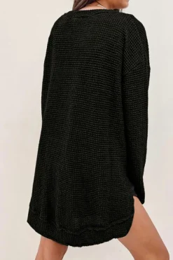 Hot Dear-Lover Waffle Knit High Slits Oversized Top Black