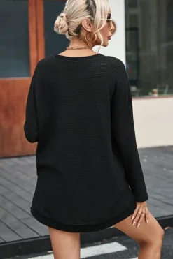 Hot Dear-Lover Waffle Knit High Slits Oversized Top Black