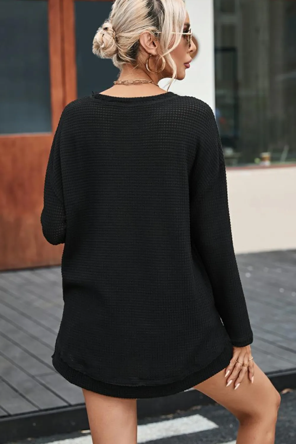 Hot Dear-Lover Waffle Knit High Slits Oversized Top Black