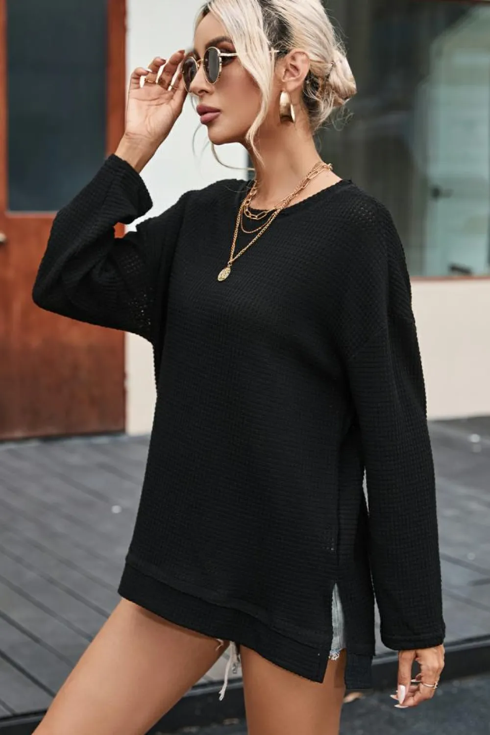 Hot Dear-Lover Waffle Knit High Slits Oversized Top Black