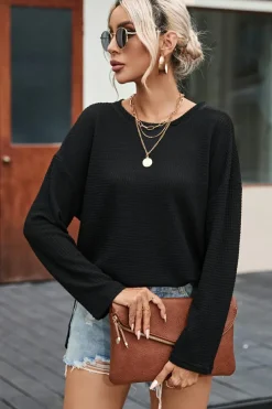 Hot Dear-Lover Waffle Knit High Slits Oversized Top Black