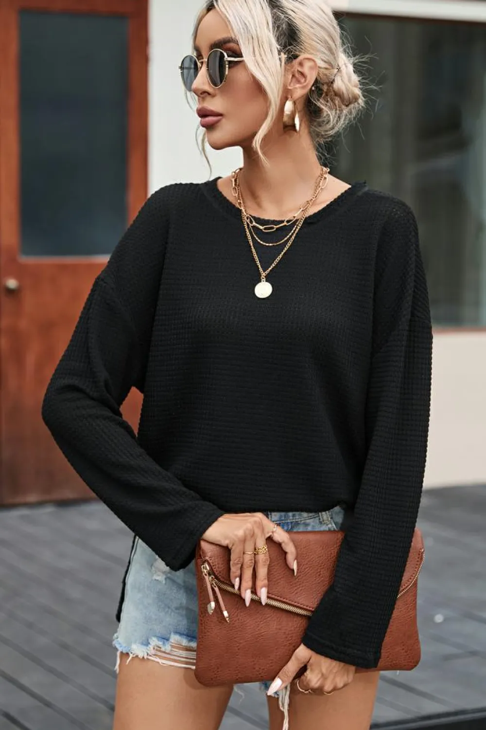 Hot Dear-Lover Waffle Knit High Slits Oversized Top Black