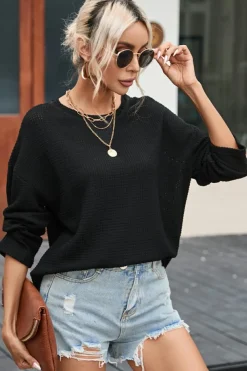 Hot Dear-Lover Waffle Knit High Slits Oversized Top Black
