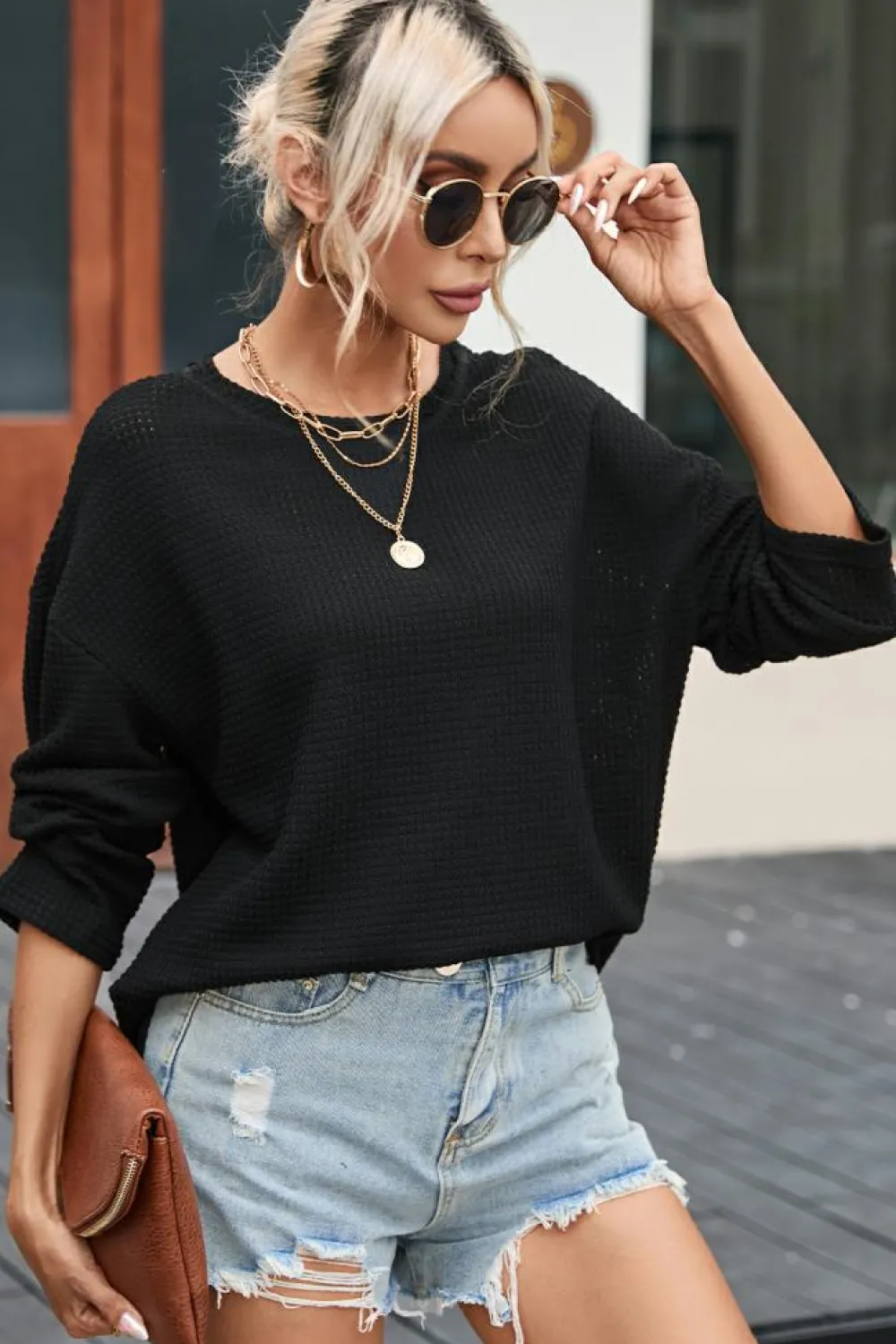 Hot Dear-Lover Waffle Knit High Slits Oversized Top Black
