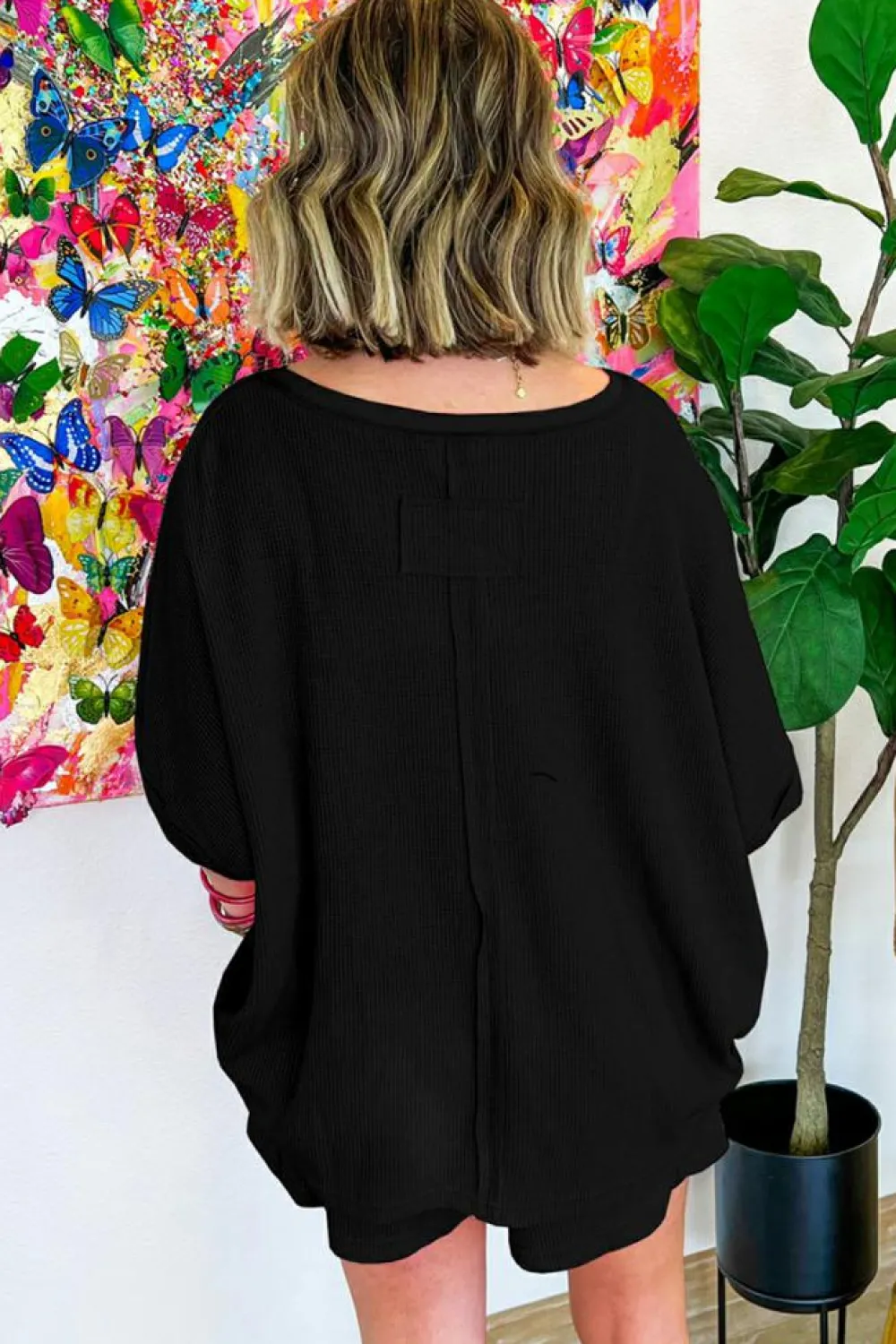 Best Dear-Lover Waffle Knit Oversize Tee and Shorts Set Black
