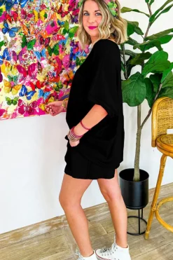 Best Dear-Lover Waffle Knit Oversize Tee and Shorts Set Black