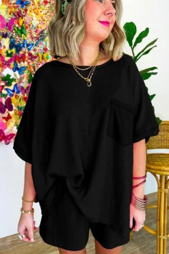 Best Dear-Lover Waffle Knit Oversize Tee and Shorts Set Black