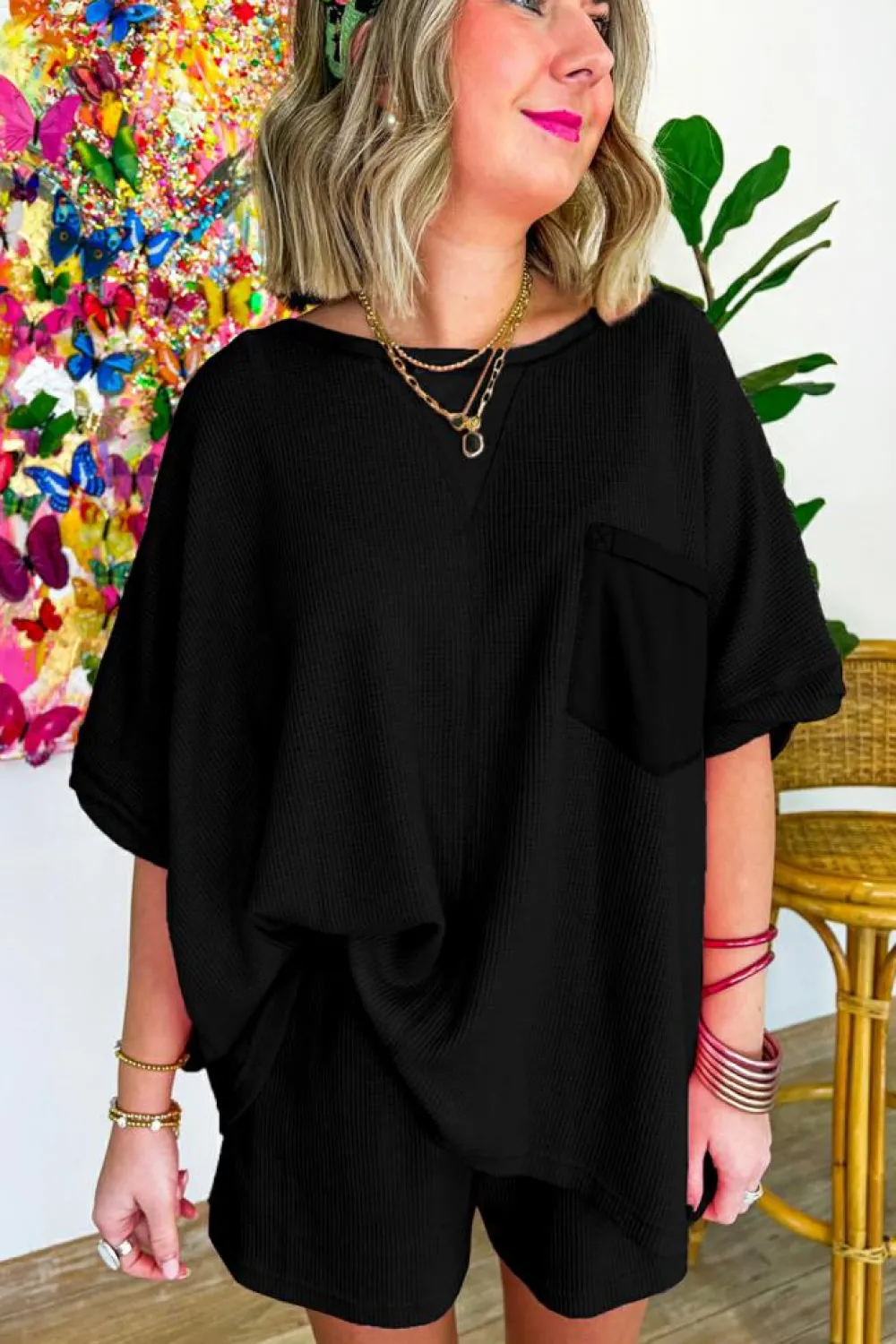 Best Dear-Lover Waffle Knit Oversize Tee and Shorts Set Black
