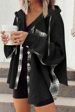 Hot Dear-Lover Waffle Knit Plaid Patchwork Drawstring Hooded Shacket Black