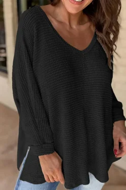 Sale Dear-Lover Waffle Knit Side Slits Loose Fit V Neck Top Black