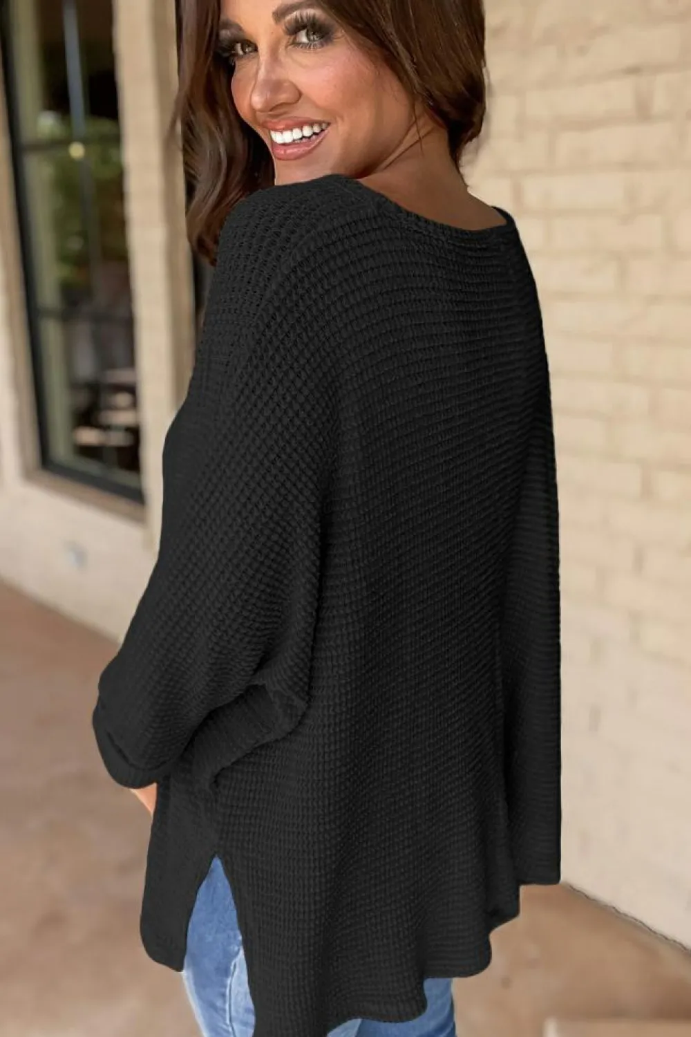 Sale Dear-Lover Waffle Knit Side Slits Loose Fit V Neck Top Black
