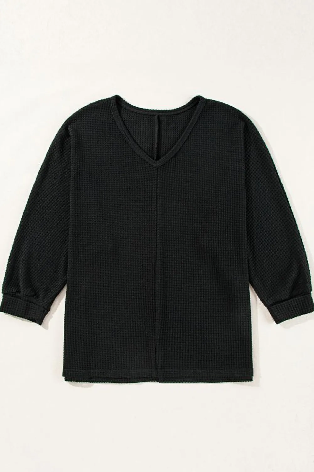 Sale Dear-Lover Waffle Knit Side Slits Loose Fit V Neck Top Black