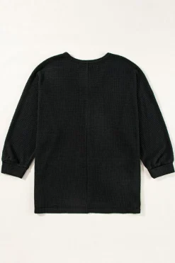 Sale Dear-Lover Waffle Knit Side Slits Loose Fit V Neck Top Black