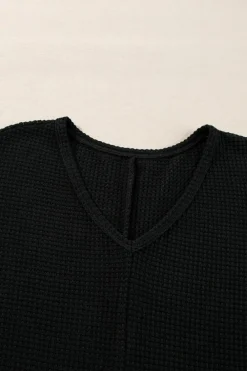 Sale Dear-Lover Waffle Knit Side Slits Loose Fit V Neck Top Black