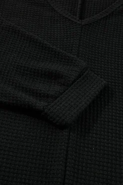 Sale Dear-Lover Waffle Knit Side Slits Loose Fit V Neck Top Black