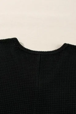 Sale Dear-Lover Waffle Knit Side Slits Loose Fit V Neck Top Black