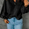 Discount Dear-Lover Washed Snap Buttons Lantern Sleeve Pullover Sweatshirt Black