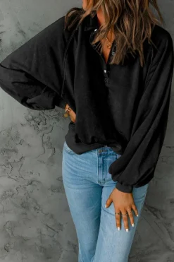 Discount Dear-Lover Washed Snap Buttons Lantern Sleeve Pullover Sweatshirt Black