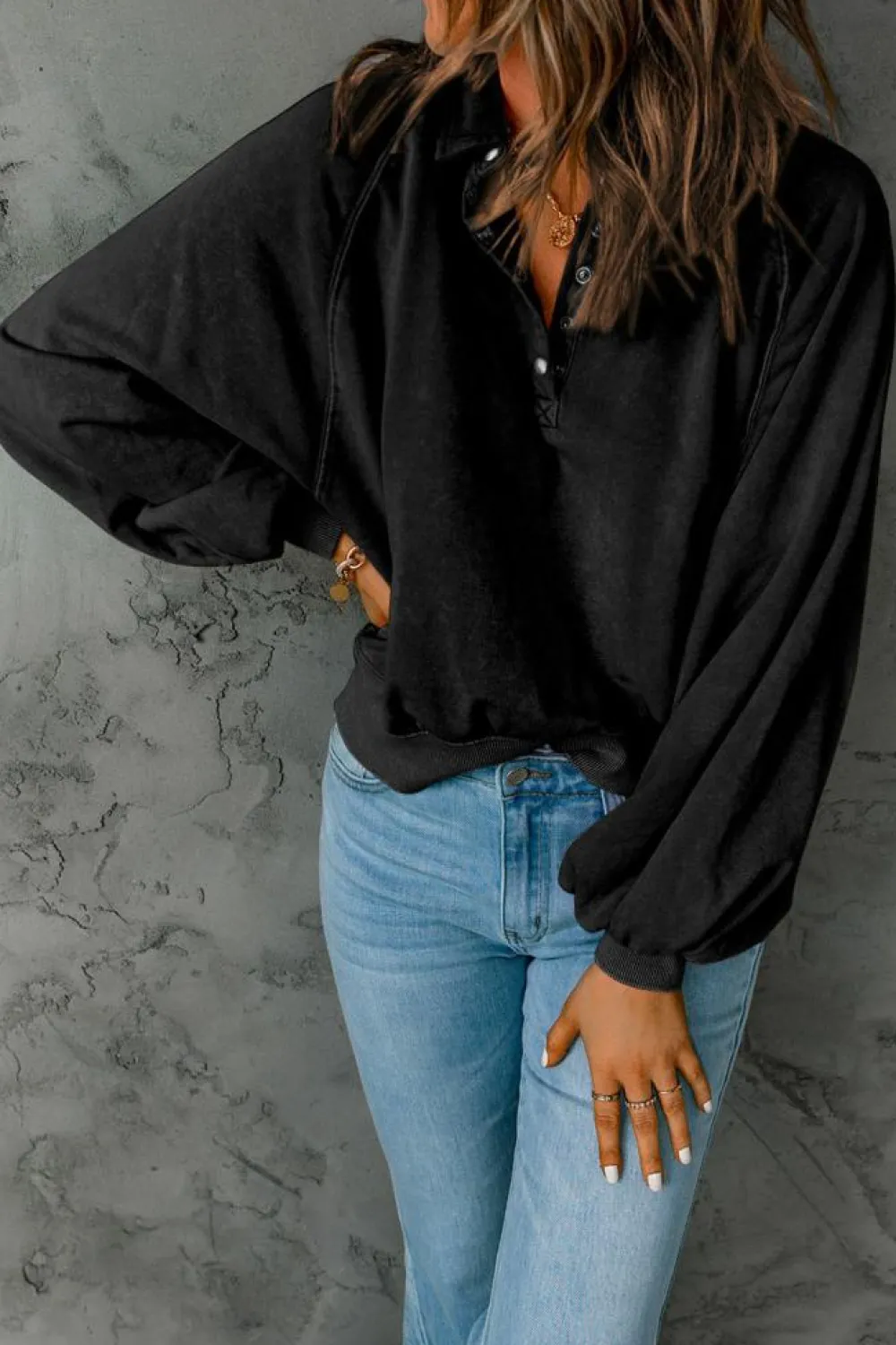 Discount Dear-Lover Washed Snap Buttons Lantern Sleeve Pullover Sweatshirt Black