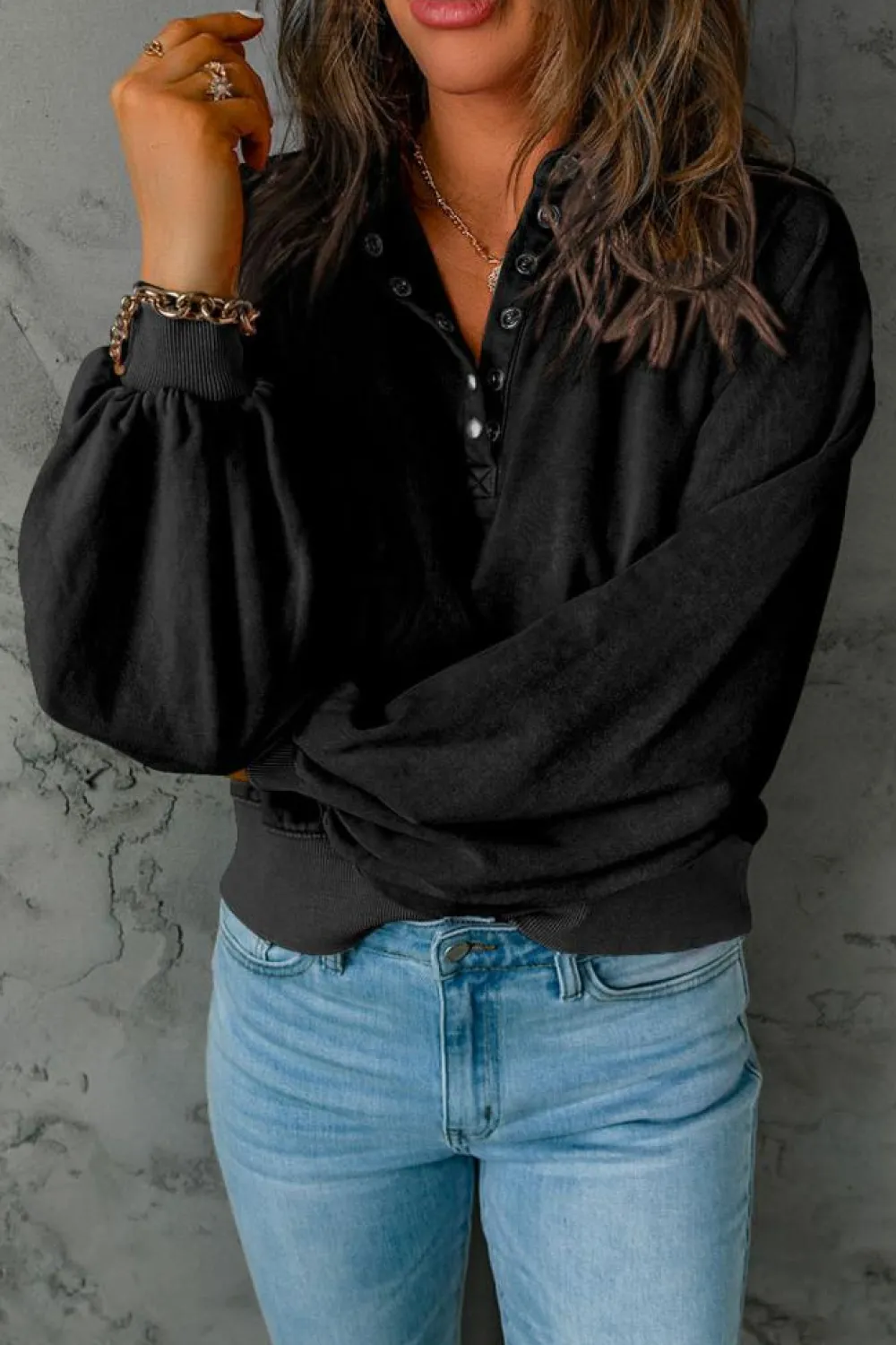 Discount Dear-Lover Washed Snap Buttons Lantern Sleeve Pullover Sweatshirt Black